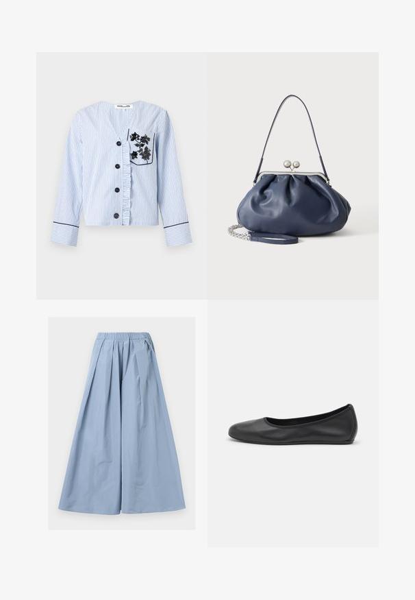 Chemise à manches longues bleu clair et blanc à fines rayures, avec boutons noirs, patte de boutonnage froncée et broderie florale noire sur la poche poitrine.; Pantalon large bleu clair avec plis et taille élastique, en tissu léger, présenté sur un fond blanc.; Ballerines en cuir noir avec un bout rond, texture lisse, détails de couture minimalistes et design de semelle flexible.; Sac à main en cuir bleu marine doux avec fermeture à boucle argentée, une seule bandoulière, et une chaîne de poignet amovible sur fond blanc.
