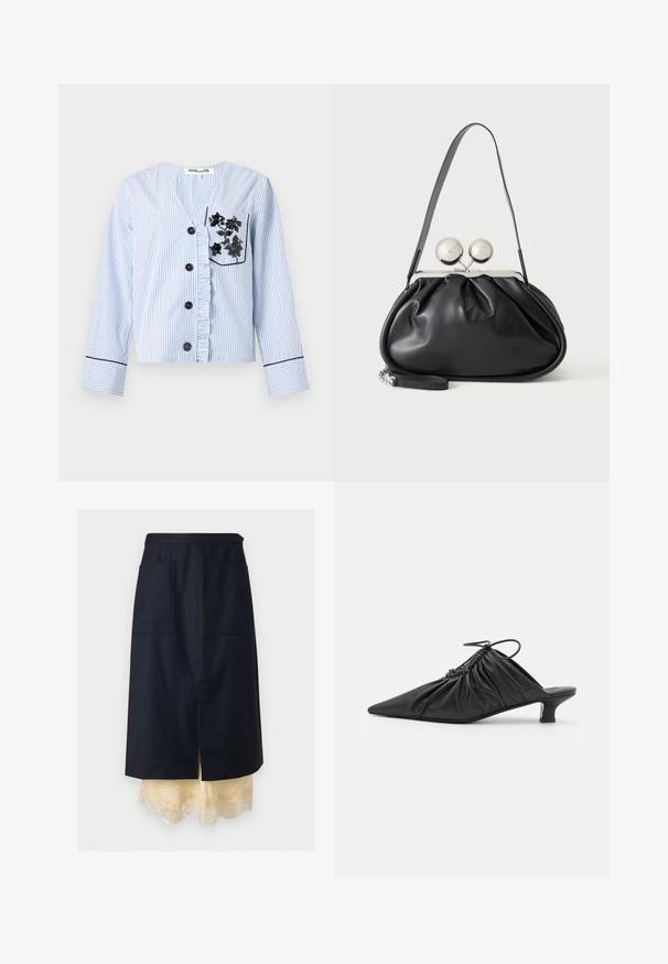 Chemise à manches longues bleu clair et blanc à fines rayures, avec boutons noirs, patte de boutonnage froncée et broderie florale noire sur la poche poitrine.; Jupe trapèze bleu marine avec poches avant superposée sur un jupon crème bordé de dentelle, fente centrale, présentée sur fond uni.; Mules noirs en cuir à enfiler avec un bout pointu, une texture froncée et un petit talon aiguille. Présente un détail à cordon au niveau de l'ouverture.; Sac à main en cuir noir avec un design plissé, une sangle unique, un cadre métallique argenté et deux grandes fermoirs ronds en argent.
