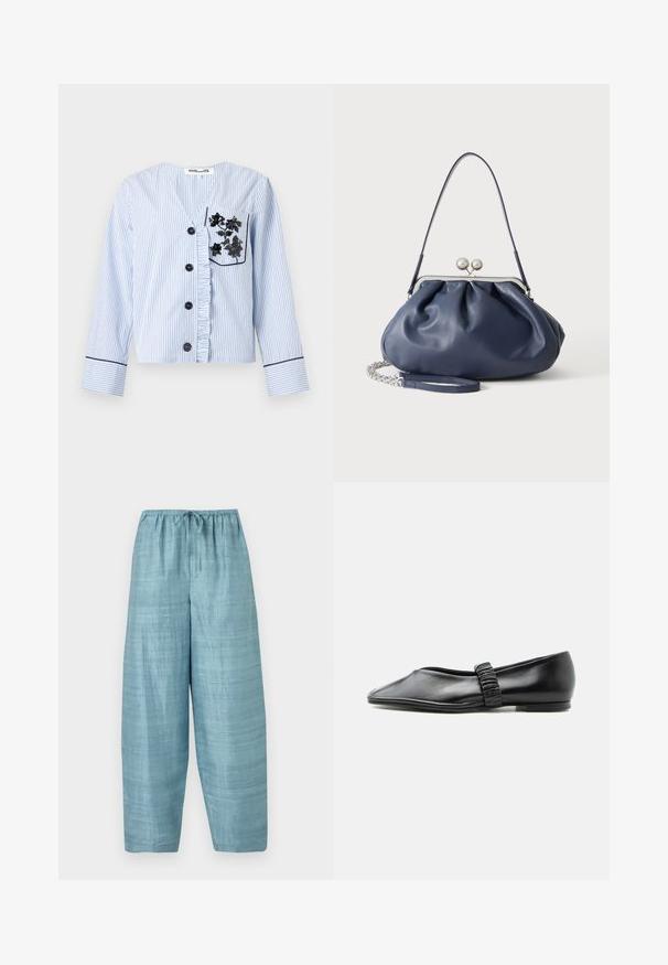 Chemise à manches longues bleu clair et blanc à fines rayures, avec boutons noirs, patte de boutonnage froncée et broderie florale noire sur la poche poitrine.; Pantalon large bleu clair en tissu texturé, avec taille élastique et lien à nouer à l'avant, présenté à plat sur un fond clair.; Chaussure plate en cuir noir avec une bride froncée sur le dessus et un bout légèrement pointu, présentée sur un fond uni.; Sac à main en cuir bleu marine doux avec fermeture à boucle argentée, une seule bandoulière, et une chaîne de poignet amovible sur fond blanc.