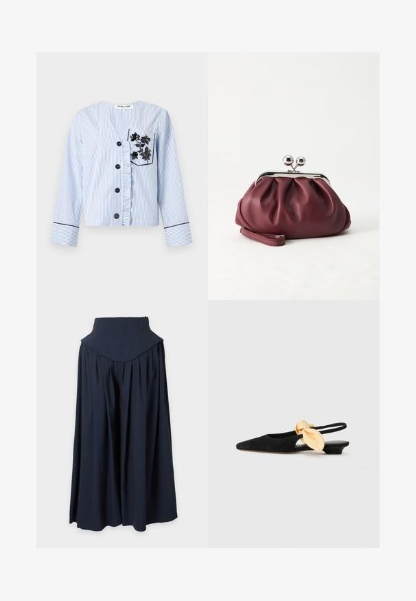 Chemise à manches longues bleu clair et blanc à fines rayures, avec boutons noirs, patte de boutonnage froncée et broderie florale noire sur la poche poitrine.; Jupe longue taille haute bleu marine foncé avec une large ceinture et des plis doux, s'étendant jusqu'à un ourlet longueur totale.; NEOUS UBA - Ballerines à brides arrière - black; Petit sac pochette en cuir bordeaux avec fermoir métallique argenté et bracelet sur fond blanc.