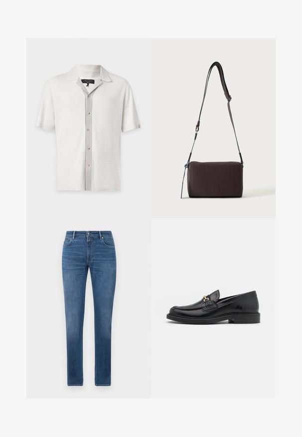 Polo en maille blanche à manches courtes avec patte de boutonnage beige contrastante et petit col par rag & bone.; Jeans en denim bleu coupe droite avec fermeture à bouton à l'avant, fermeture éclair et cinq poches, affichés sur un fond blanc.; Mocassins en cuir noir avec un embout rond, présentant des accents en métal doré et des détails de couture, montés sur une semelle en caoutchouc texturé et basse.; Sac bandoulière en cuir marron foncé texturé avec une sangle réglable et un petit accent décoratif bleu sur le côté.