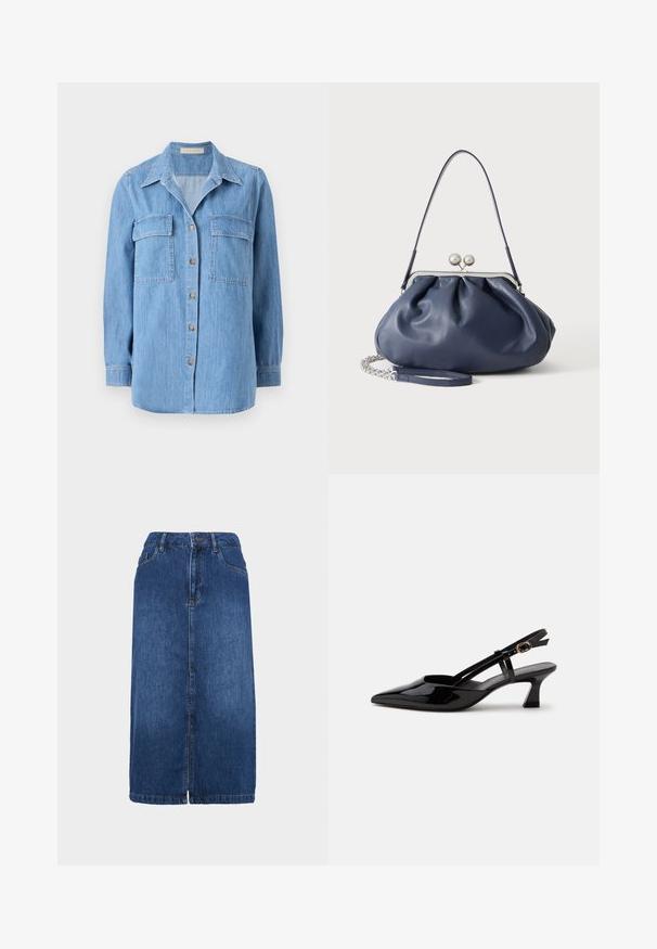 Chemise en denim bleu clair avec deux poches poitrine, fermeture par boutons et col pointu. Le tissu a une apparence douce et légèrement texturée.; Jupe en denim bleu foncé avec une coupe droite, de longueur mi-longue, fermeture à boutons à l'avant et détails de coutures subtils. L'ourlet est légèrement effiloché.; Chaussure slingback en cuir verni noir à petit talon, bout pointu et bride réglable avec boucle dorée sur fond blanc.; Sac à main en cuir bleu marine doux avec fermeture à boucle argentée, une seule bandoulière, et une chaîne de poignet amovible sur fond blanc.