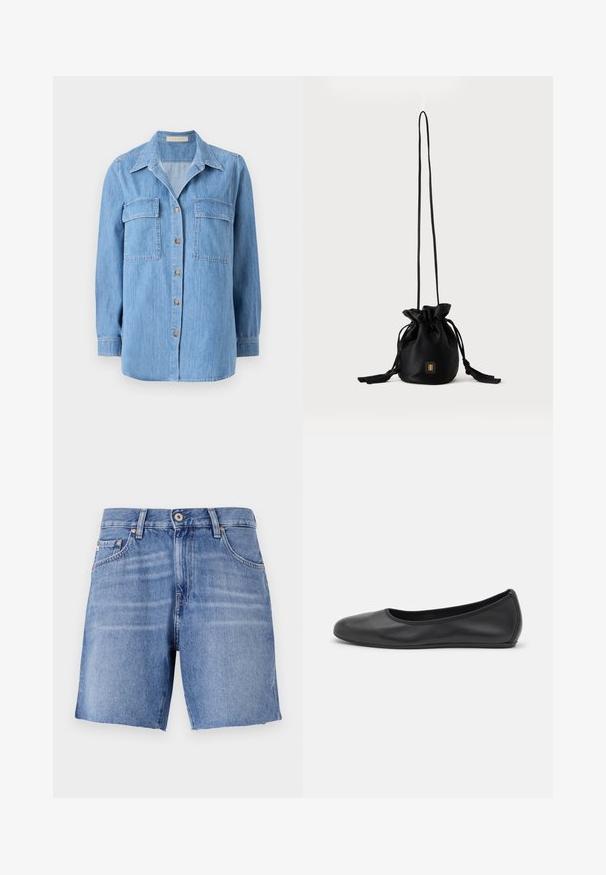 Chemise en denim bleu clair avec deux poches poitrine, fermeture par boutons et col pointu. Le tissu a une apparence douce et légèrement texturée.; Shorts en denim bleu clair avec une coupe droite, ourlet effilé, cinq poches et fermeture à bouton métallique. Le tissu a une texture lisse avec un léger délavage.; Ballerines en cuir noir avec un bout rond, texture lisse, détails de couture minimalistes et design de semelle flexible.; Sac seau noir à cordon avec une longue sangle fine et un petit logo carré doré sur le devant, présenté sur un fond uni.