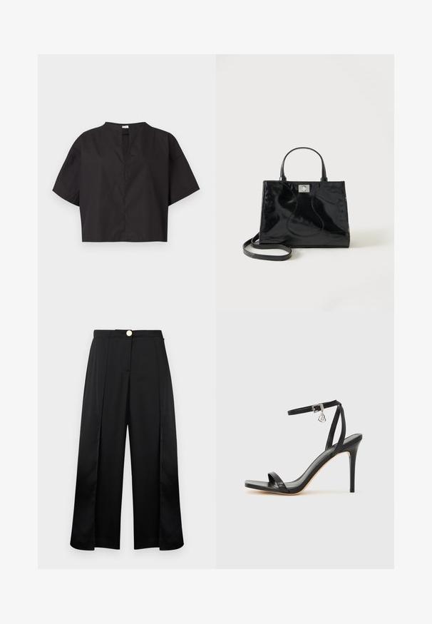 Haut noir à manches courtes et coupe droite avec manches larges et une petite fente en V à l’avant, présenté sur un fond blanc uni.; Pantalon large noir à taille haute, avec plis sur le devant, fentes latérales et fermeture par bouton doré.; Sandale à talon haut noire avec une bride étroite à la cheville, bout carré, cuir lisse et accent de boucle métallique.; Sac à main en cuir verni noir avec poignées arrondies, bandoulière détachable et fermeture à boucle argentée sur fond blanc uni.