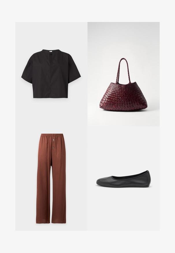 Haut noir à manches courtes et coupe droite avec manches larges et une petite fente en V à l’avant, présenté sur un fond blanc uni.; Pantalon marron à jambes larges avec un motif texturé subtil, taille élastique et deux boutons sur le devant de la braguette.; Ballerines en cuir noir avec un bout rond, texture lisse, détails de couture minimalistes et design de semelle flexible.; DRAGON DIFFUSION SANTA CROCE BIG - Sac à main - bordo