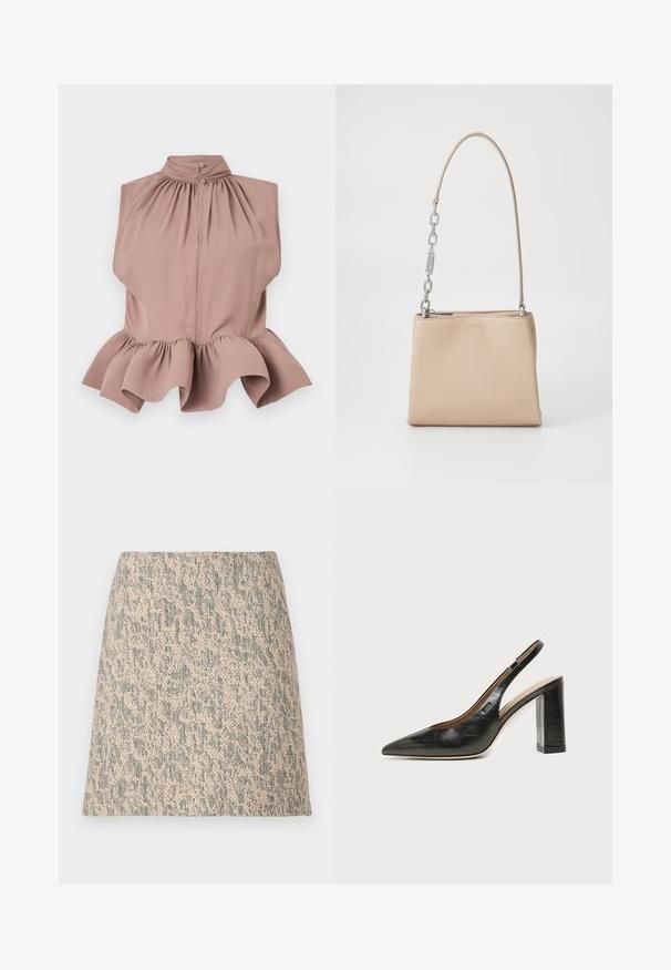 Top sin mangas en rosa empolvado con cuello alto, escote fruncido y dobladillo acampanado con volantes, confeccionado en una tela suave y ligera.; Minifalda de tela tejida texturizada en beige y gris con forma de línea A y un patrón irregular sutil.; Zapato slingback de piel negra con puntera puntiaguda, tacón alto y ancho, y forro interior beige sobre un fondo claro y liso.; Bolso de mano de piel beige con una textura suave, con un acento de cadena plateada en el asa y un cierre de cremallera. "HUGO" grabado en la parte frontal.