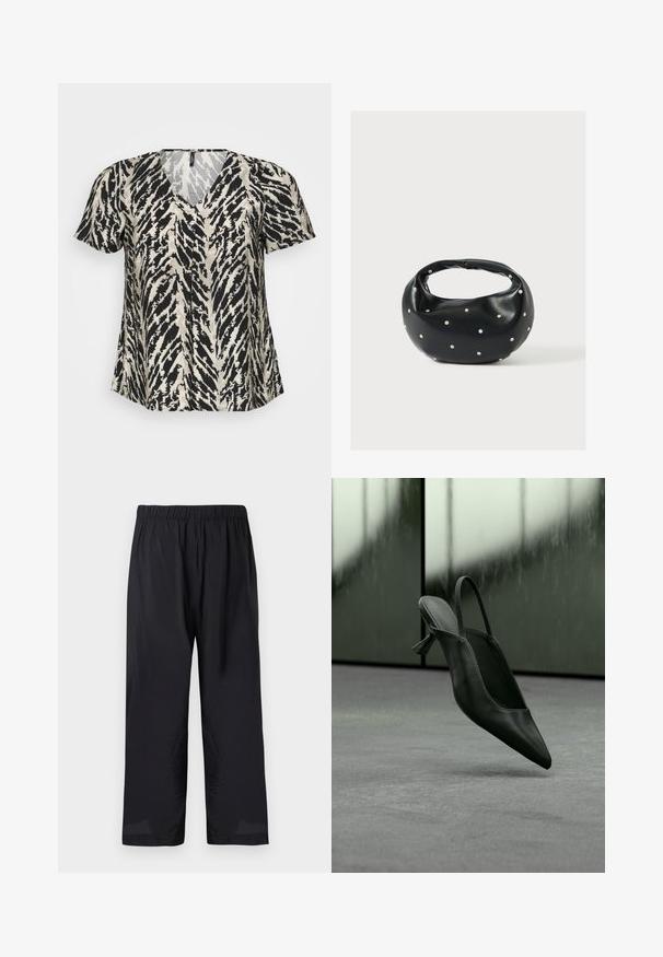 T-shirt à manches courtes avec un décolleté en V, arborant un motif à rayures tigre noir et crème. Le tissu semble léger et fluide.; Pantalon noir ample avec taille élastique et jambes droites, conçu pour le confort et une tenue décontractée.; Escarpin à talon haut en cuir noir avec bride arrière et bout pointu, flottant au-dessus d'un sol recouvert de moquette grise, mur verdâtre flou en arrière-plan.; Sac à main en cuir noir de forme arrondie, décoré de clous argentés et équipé d'une poignée courte. Texture lisse et fermeture éclair.