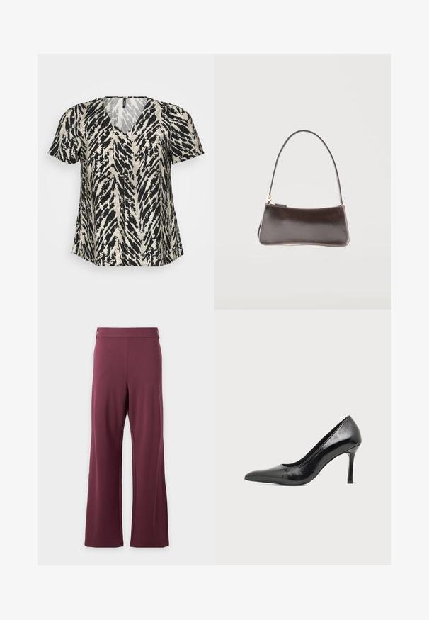T-shirt à manches courtes avec un décolleté en V, arborant un motif à rayures tigre noir et crème. Le tissu semble léger et fluide.; Pantalon taille haute à jambes larges de couleur violet foncé uni, avec une ceinture lisse sans poches visibles ni motifs.; Chaussure à talon haut pour femme en cuir verni noir avec bout pointu et talon fin sur fond clair uni.; Petit sac à main rectangulaire en cuir marron foncé avec une bandoulière unique et une fermeture éclair dorée.