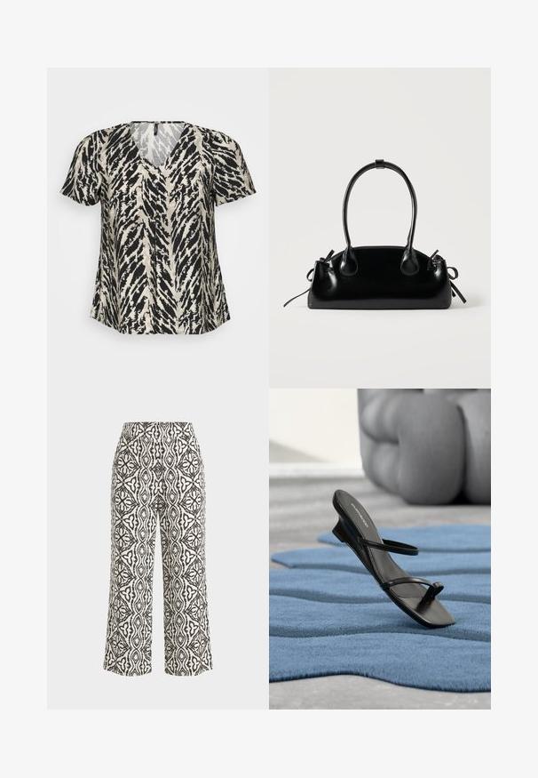 T-shirt à manches courtes avec un décolleté en V, arborant un motif à rayures tigre noir et crème. Le tissu semble léger et fluide.; Pantalon taille haute à jambes larges avec motif géométrique et floral complexe noir et blanc, longueur raccourcie et coupe ajustée.; Sandale noire à brides avec boucle d’orteil exposée sur un tapis texturé bleu, avec un grand objet décoratif gris flouté en arrière-plan.; Petit sac à main noir brillant avec deux longues anses et des détails à cordon sur les côtés sur un fond clair uni.