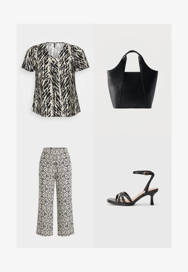 T-shirt à manches courtes avec un décolleté en V, arborant un motif à rayures tigre noir et crème. Le tissu semble léger et fluide.; Pantalon taille haute à jambes larges avec motif géométrique et floral complexe noir et blanc, longueur raccourcie et coupe ajustée.; Sandales à talons noirs avec plusieurs fines lanières sur le bout, une seule lanière à la cheville avec une boucle dorée, et un bout carré.; Sac fourre-tout noir avec des panneaux en cuir lisse et tissé, des poignées courtes et une base rectangulaire large, présenté sur un fond clair uni.