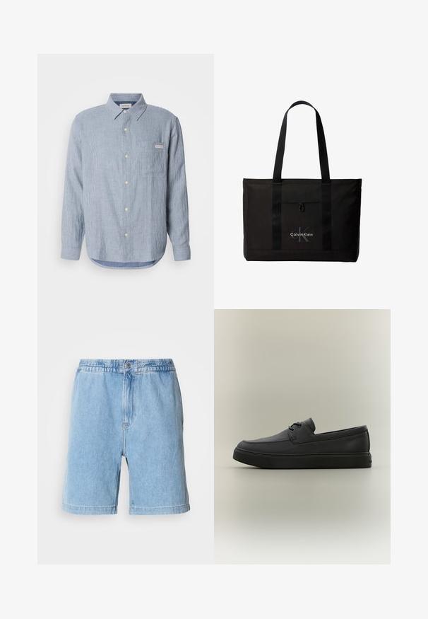 Svetlomodrá prúžkovaná košeľa na gombíky, bavlnená látka, dlhé rukávy, špicatý golier, jedna náprsné vrecko a detail loga.; Svetlomodré denim šortky s elastickým pásom, predným zapínaním na gombík, bočnými vreckami a rovný strih. Dĺžka po strednú časť stehien.; Čierna ležérna kožená mokasína so šnurovacími detailmi a hrubou gumovou podrážkou, zobrazená z boku na neutrálnom pozadí.; Čierna taška Calvin Klein typu tote s dvoma dlhými rúčkami a predným vreckom, s logom značky v bielej a sivej farbe.