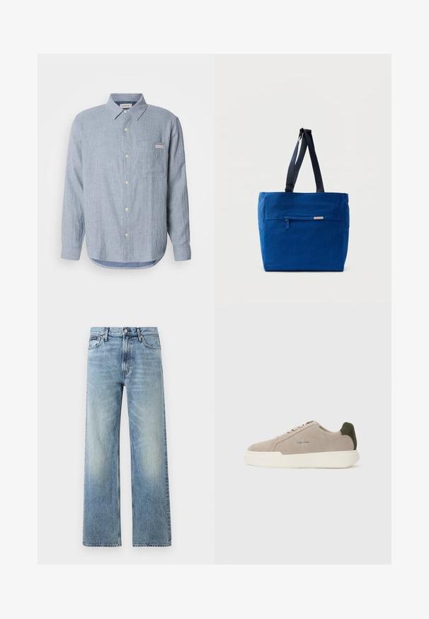 Lyseblå stribet skjorte med knapper, lavet af bomuldsstof, lange ærmer, spidse kraver, enkelt brystlomme og logoetiketdetalje.; Lyseblå denim jeans med lige ben, højt talje, fem lommer, knaplukning og diskrete falmede områder på lår og knæ.; Beige ruskinds sneakers med en hvid gummisål, der har en mørkegrøn hælaccent og subtil branding på siden.; Blå lærredstaske med lynlåslomme foran, dobbelte skulderremme og rektangulær form. Har en diskret mærkeetiket.
