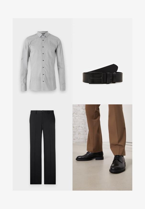 Langarmshirt in Weiß und Schwarz mit geometrischem Muster, durchgehende Knopfleiste und klassischem Kragen. Leichter Stoff mit glatter Textur.; Schwarze, maßgeschneiderte Hose mit geradem Bein, glattem Stoff, vorderen Falten und einem einzelnen Knopfverschluss an der Taille.; Schwarze Lederschuhe mit glatter Oberfläche und runder Zehenpartie, mit Schnürverschluss und einer flachen, niedrigen Sohle. Kombiniert mit braunen Hosen.; Schwarzledergürtel mit einer mattscharzen rechteckigen Metallschnalle und zwei Gürtelschlaufen auf weißem Hintergrund.