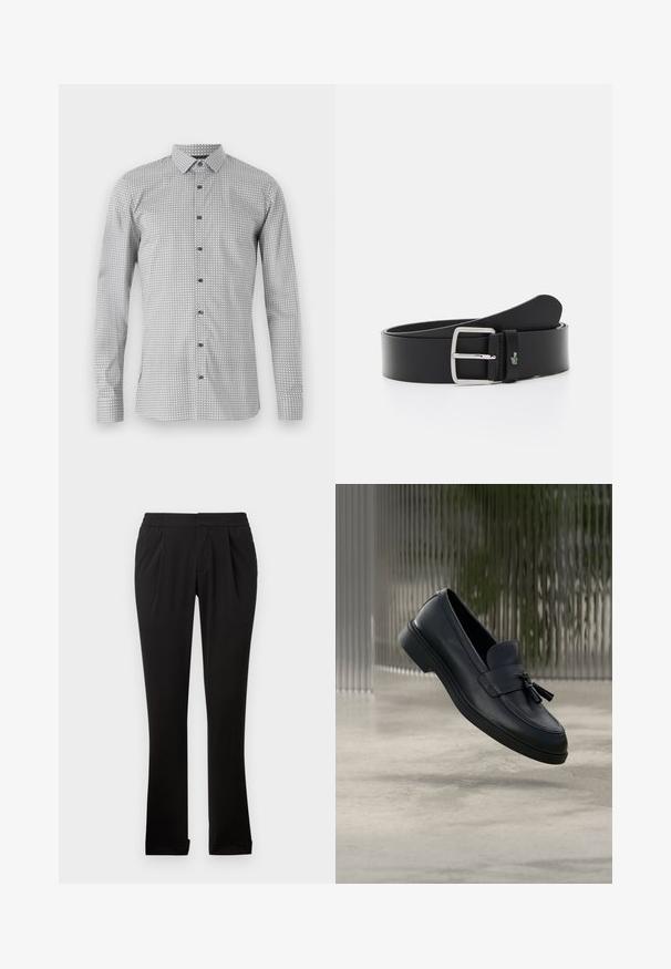 Langærmet skjorte i hvid og sort med geometrisk mønster, knaplukning foran og klassisk krave. Letvægtsstof med glat struktur.; Sorte bukser lavet af glat stof med elastisk talje, lige ben, frontfolder og opretstående sømme. Enkel og alsidig design.; Sorte læderloafers med en glat tekstur, en rundet tå og dekorative kvaster foran. Fleksibel gummisål med lav hæl.; Sort læderbælte med en rektangulær sølvspænde, der har et lille grønt krokodillelogo og en glat tekstur. Standardbredde, enkelt design.