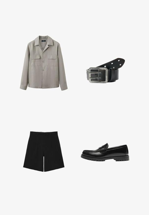 Chemise à manches longues gris clair avec deux poches à rabat à l'avant et un col pointu, présentée sur un fond blanc.; Short noir sur mesure avec passants de ceinture, plis devant et poches latérales, posé à plat sur un fond blanc.; Mocassin en cuir noir avec une semelle en caoutchouc épaisse et un détail classique de bride à monnaie, vu de côté extérieur.; Ceinture en cuir noir roulée avec plusieurs trous et une grande boucle métallique argentée rectangulaire.