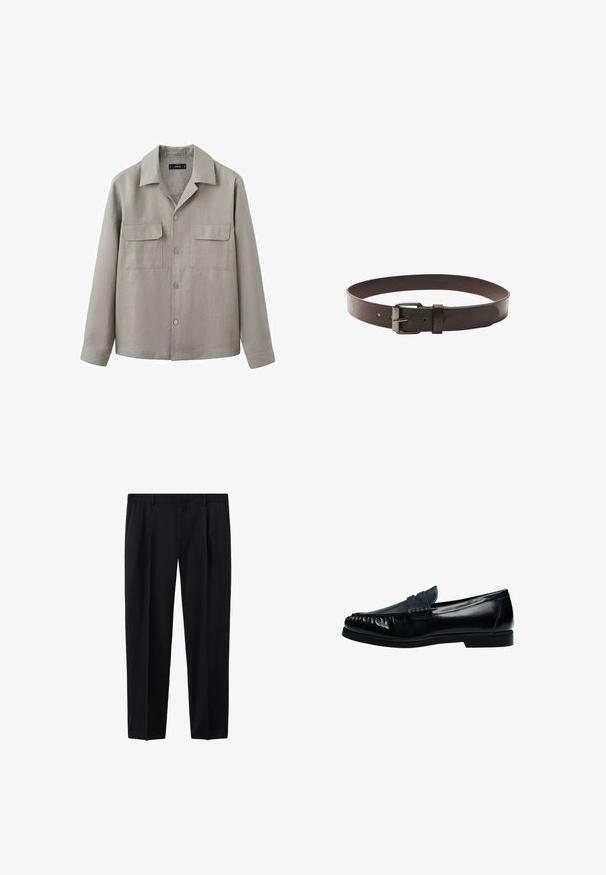 Chemise à manches longues gris clair avec deux poches à rabat à l'avant et un col pointu, présentée sur un fond blanc.; Pantalon formel noir sur mesure avec passants de ceinture et poches latérales, coupe droite, présenté à plat sur fond blanc.; Mocassin penny loafer pour homme en cuir noir avec bout moc cousu et petit talon, présenté de profil sur fond blanc.; Ceinture en cuir marron foncé avec une boucle rectangulaire argentée, une passant et deux trous perforés, posée à plat sur un fond blanc.