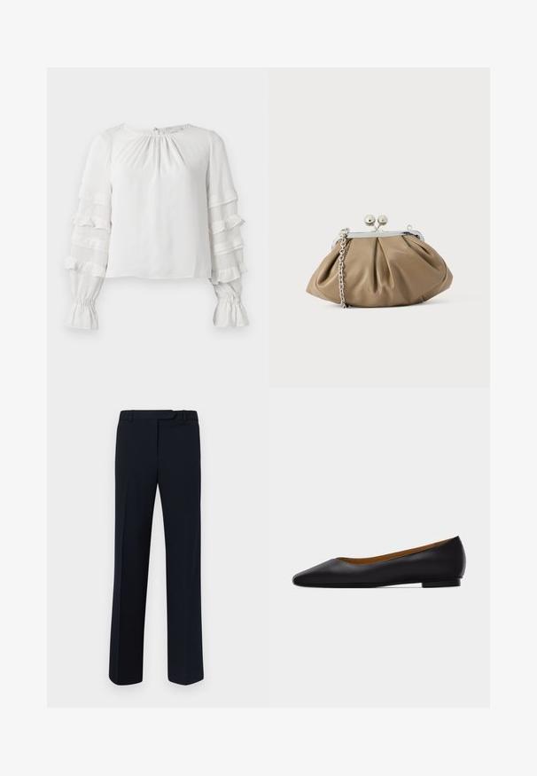 Witte blouse met lange mouwen, volants aan de gelaagde mouwen, gathered manchetten en een lichte gather aan de ronde halslijn.; Marineblauwe op maat gemaakte broeken van gladde stof, met een rechte snit, ceintuurlussen en plooien aan de voorkant.; Zwarte leren puntschoen met lage hak en gladde afwerking, zijaanzicht op een lichtgrijze achtergrond.; Leren clutch in zacht beige met een afgeronde vorm, geplooide textuur, zilveren kiss-lock sluiting en een afneembare kettingriem.