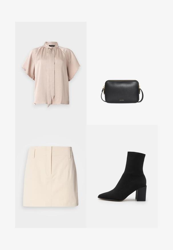 Beige satijnen blouse met korte gegolfde mouwen en een voorgeknoopte halsdetail, weergegeven op een effen lichtgrijze achtergrond.; Calvin Klein Jeans SKIRT - A-lijn rok - fog; Zwarte enkellaars gemaakt van rekbaar stof, met een spitse neus en een vierkante blokhak, afgewerkt met ribbelrand aan de bovenkant.; Zwarte rechthoekige leren crossbodytas met gouden rits en klein Calvin Klein-logo in het midden aan de voorkant.