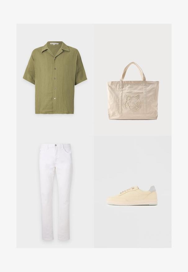 Chemise à manches courtes vert olive en tissu texturé, avec fermeture à boutons et col cranté. Présente une coupe décontractée et un motif de tissage subtil.; Jeans en denim blanc avec un design à jambe droite, comportant deux poches avant, une poche arrière et une fermeture à bouton en métal à la taille.; Baskets basses beige à lacets, semelle rose clair et languette grise à l'arrière marquée "Filling Pieces", vues de profil sur fond uni.; Sac fourre-tout en toile beige avec doubles anses et un motif en relief de tête de loup sur la poche avant.