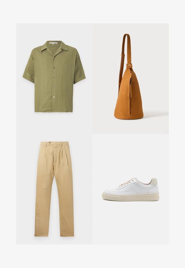 Olivgrünes Kurzarmhemd aus strukturierter Baumwolle mit Knopfverschluss und eingeschnittenem Kragen. Verfügt über einen lässigen Schnitt und ein dezentes Webmuster.; CLOSED BERGEN TAPERED - Chino - beige; Weiße Sneaker mit einem glatten Lederobermaterial, beigen Schnürsenkeln und einer strukturierten, beigen Wildleder-Fersenschlaufe. Erhöhte Sohle für zusätzlichen Komfort.; Hellbraune Leder-Umhängetasche mit verstellbarem Trageriemen und vertikaler Reißverschlusstasche, von der Seite vor hellem, einfarbigem Hintergrund gezeigt.