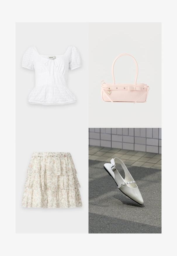 Haut peplum blanc avec un décolleté carré, de courtes manches bouffantes et un détail à cordon de serrage, présentant un motif de grille texturée et une garniture en dentelle.; Jupe blanche avec un design en couches et volants. Présente un motif floral délicat en rose et vert. Taille élastique pour plus de confort.; Chaussure plate slingback blanche pointue avec deux boucles argentées, présentée en extérieur sur un sol texturé et un mur carrelé en arrière-plan.; Sac à main rectangulaire rose pâle avec double poignée, nœud décoratif, œillets métalliques et petit charm en forme de cœur sur un fond uni.