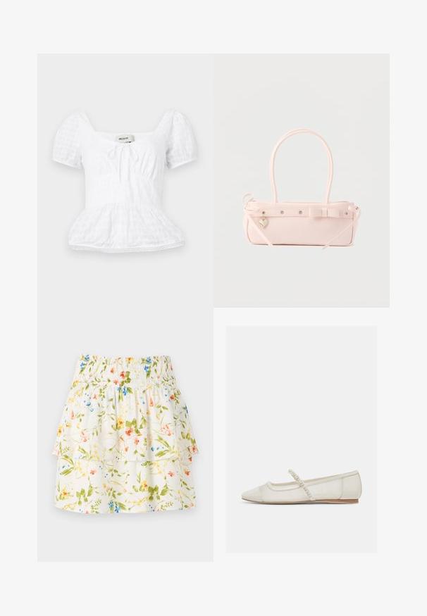 Valge peplum-top, millel on ruudukujuline kaelus, lühikesed puhvpaelad ja nöördetail, tekstureeritud ruuduliselt mustriga ja pitsäärtega.; Lillelillelise mustriga seelik, millel on smockitud vöökoht, volangilised kihid ja valge taust, millel on rohelised, punased ja sinised lilled.; Valgekirju terava ninaga madala kontsaga king, millel on pärlitega kaunistatud rihm, vaadatuna küljelt helel taustal.; Hele roosa ristkülikukujuline käekott topeltkäepidemetega, dekoratiivse paela, metallist silmade ja väikese südamekujulise ripatsiga ühtlasel taustal.