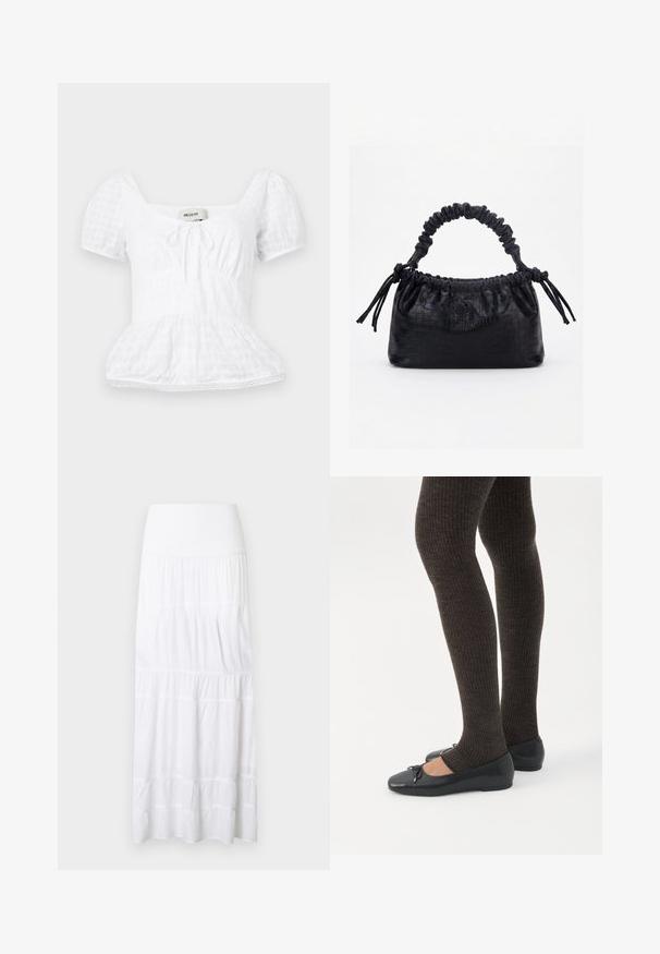 Haut peplum blanc avec un décolleté carré, de courtes manches bouffantes et un détail à cordon de serrage, présentant un motif de grille texturée et une garniture en dentelle.; Jupe maxi blanche à volants, réalisée en tissu léger. Elle présente une ceinture élastique et une texture subtile avec des coutures horizontales.; Jambes portant des leggings côtelés foncés associés à des ballerines noires avec de petits détails en nœud sur fond blanc.; Sac à main noir avec texture crocodile, bord supérieur froncé, poignée plissée et pompons à cordon de chaque côté sur fond blanc.