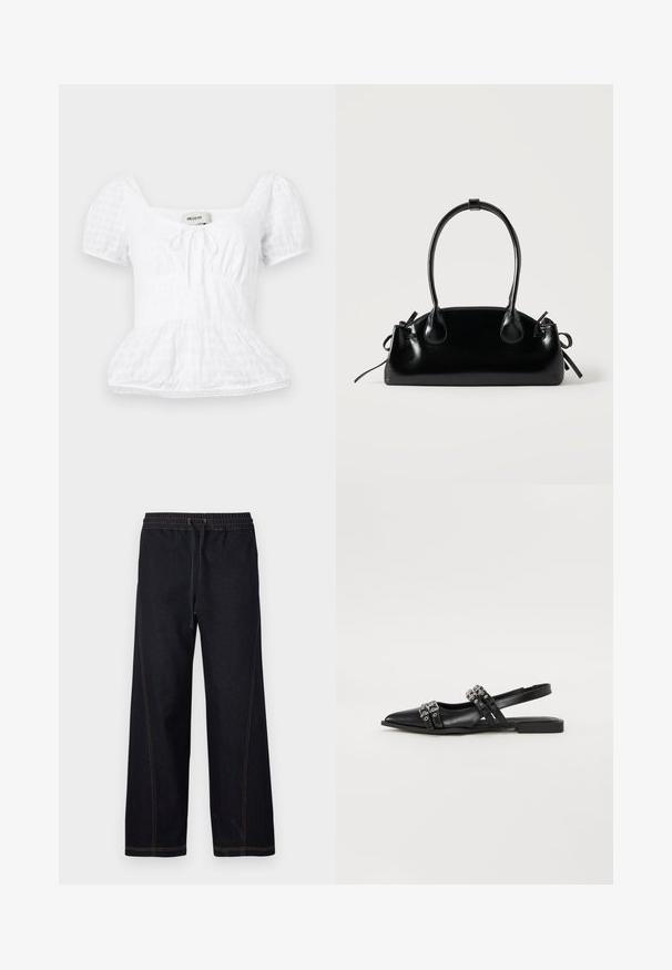 Haut peplum blanc avec un décolleté carré, de courtes manches bouffantes et un détail à cordon de serrage, présentant un motif de grille texturée et une garniture en dentelle.; Pantalon en denim foncé à jambes larges, doté d'une taille élastique avec cordon de serrage, de coutures orange contrastantes et de lignes droites et épurées.; Even&Odd by Zalando Ballerines à brides arrière - black; Petit sac à main noir brillant avec deux longues anses et des détails à cordon sur les côtés sur un fond clair uni.