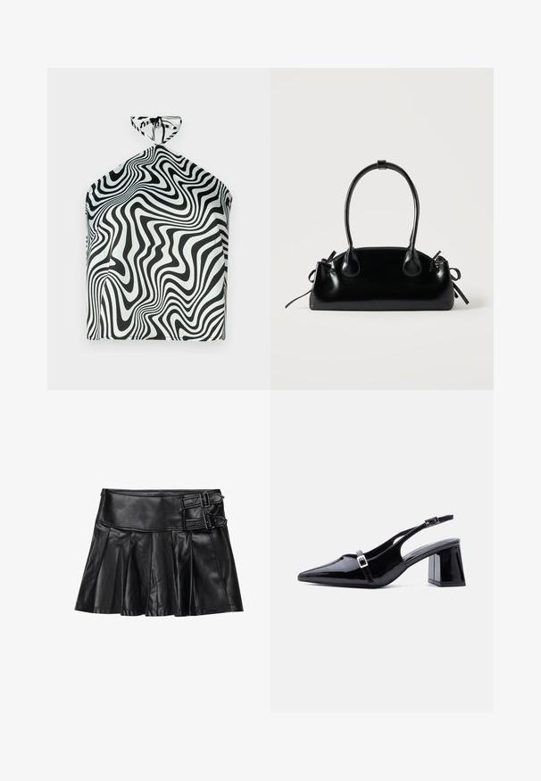 Musthave mustriba tipp, millel on must-valge keerlev laine muster, valmistatud siledast kangast ning kaeluse juures lipsuga kinnitamine.; Must mustriba nahk-seelik voldikute ja laia vöökohtaga, millel on külgedel kaks pandla aksessuaari. Sile tekstuur ja läikiv viimistlus.; Mustast lakknahast kontsakinga kingad terava varbaosaga, madala plokkkontsaga ja kahe väikese hõbedase pandlaga rihmadel.; Väike must läikiv käekott kahe pika sangaga ja külgedel paelakinnitustega, ühel lihtsal helel taustal.