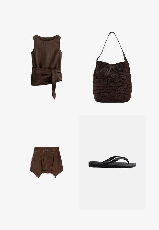 Haut sans manches en lin marron foncé avec encolure ronde et large ceinture en tissu nouée à la taille, nœud qui pend.; Haut marron épaules dénudées avec ourlet asymétrique, tissu froncé et subtils ornements floraux en sequins.; Tongs en caoutchouc noir avec semelle texturée et bride en Y lisse sur un fond clair uni.; Sac à bandoulière tissé marron foncé avec une large sangle noire et une structure souple et flexible.