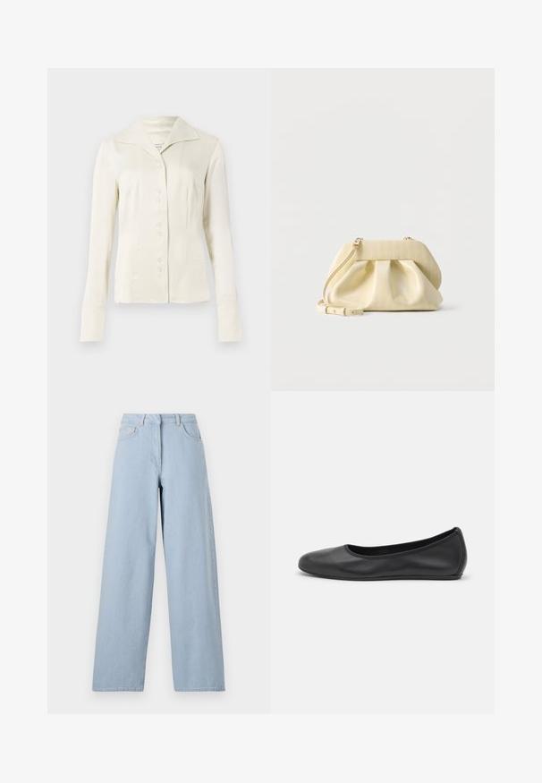 Off-White Langarmbluse mit Knopfleiste, breitem Kragen und taillierter Taille, vor einem schlichten hellen Hintergrund präsentiert.; REMAIN COCOON PANTS - Wide Leg - light blue; Schwarze Leder-Ballettschuhe mit abgerundeter Spitze, glatter Textur, minimalen Nähdetails und einem flexiblen Sohlen-Design.; Kleine hellgelbe Lederhandtasche mit geraffter Vorderseite, goldfarbenen Beschlägen und verstellbarem Schulterriemen vor weißem Hintergrund.