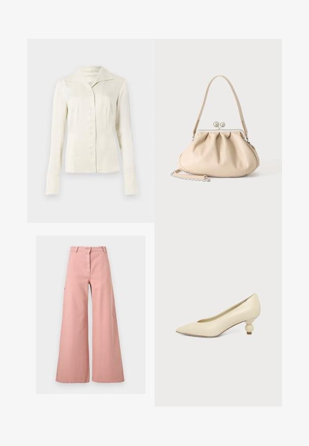 Off-White Langarmbluse mit Knopfleiste, breitem Kragen und taillierter Taille, vor einem schlichten hellen Hintergrund präsentiert.; Hoch taillierte, weit geschnittene Hose in gedämpftem Rosa mit Knopf- und Reißverschluss vorne, Gürtelschlaufen und Seitentaschen.; Damenpumps in cremefarben mit spitz zulaufender Schuhspitze und niedrigem, kugelförmigem Absatz vor einfarbigem Hintergrund.; Beige weiche Lederhandtasche mit silbernem Metallrahmenverschluss, einem Schulterriemen und einem optionalen Kettenriemen auf weißem Hintergrund.