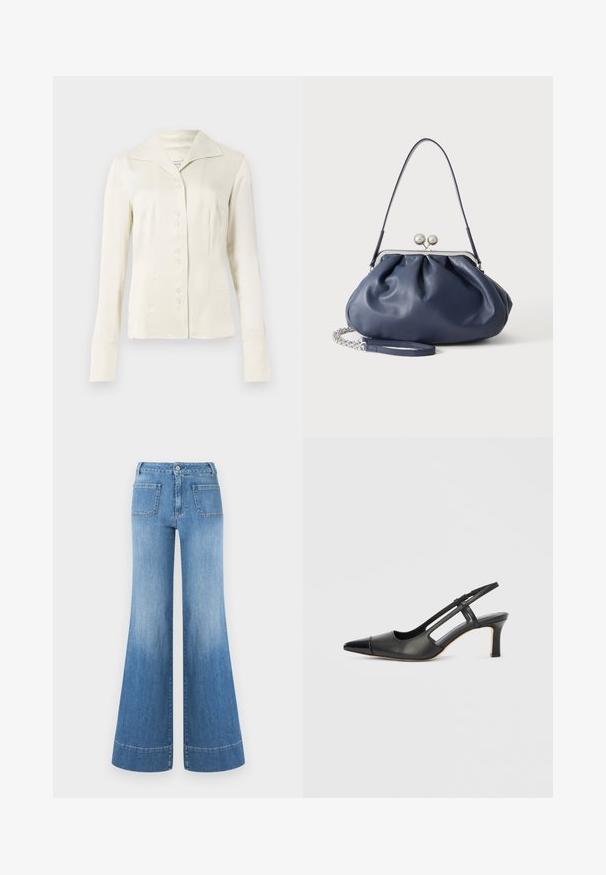 Off-white langærmet skjorte med knapper, bred krave og figursyet talje, præsenteret mod en plain lys baggrund.; Lyseblå denim flare jeans med høj talje, med en falmet vask, kontrastsyning og to baglommer. Opkantede flares i bunden.; Sort læder slingback-sko med spids tå, der har en blank accent på tåhætten og en mellemhøj hæl. Åben sidesektion.; Blød navyblå læderhåndtaske med sølv lukning, enkelt skulderrem og aftagelig kæde til håndleddet på hvid baggrund.