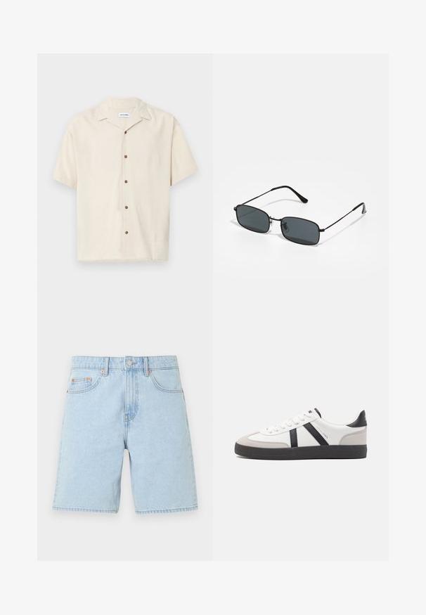 Kortærmet beige skjorte lavet af et glat stof. Har en spidse krave og brune knapper foran.; Lyseblå denimshorts med forlommer, bæltestropper, metal knap og lynlås på en ensfarvet hvid baggrund.; Hvide sneakers med sorte og grå detaljer, med en tekstureret grå tåhætte, sort gummisål og flade hvide snørebånd. Rent design, minimalistisk stil.; Sorte rektangulære solbriller med tynd metalramme og mørke linser, der hviler på en hvid overflade.