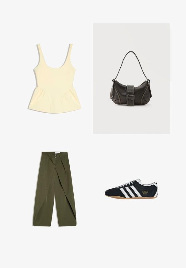 Haut sans manches couleur crème avec encolure arrondie et détails en tissu froncé et évasé à la taille sur les deux côtés.; Pantalon large couleur vert olive avec un devant plissé, deux poches latérales et une fermeture à boutons. Confectionné en tissu texturé.; Sneakers en suede noir avec trois bandes blanches, logo doré et semelle en caoutchouc marron. Présente un design à lacets à profil bas.; Sac à épaule en cuir noir avec une sangle à boucle, des bords arrondis et des coutures blanches contrastées sur un fond uni.