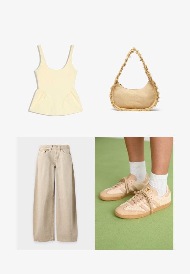 Haut sans manches couleur crème avec encolure arrondie et détails en tissu froncé et évasé à la taille sur les deux côtés.; Jean beige à jambes larges avec cinq poches et coutures visibles aux genoux, présenté à plat sur un fond uni gris clair.; Pieds portant des baskets Adidas tissées beiges avec des semelles en gomme et des chaussettes blanches à la cheville sur un sol vert texturé.; Sac beige texturé de forme arrondie, avec un bord effiloché tout le long des bords et une courte sangle pour le porter. Ouverture zippée en haut.