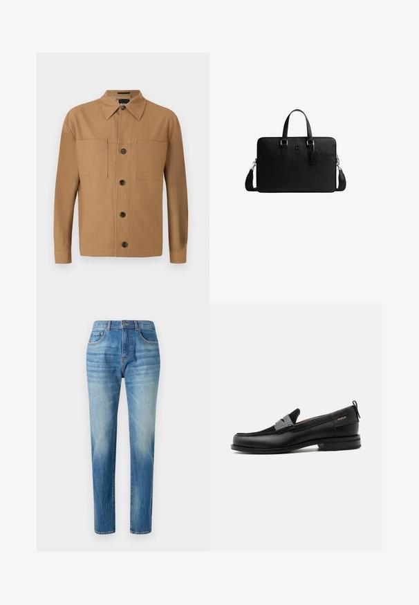 BOSS CRAIG - Overhemd - medium beige; Lichtblauwe denim jeans met een rechte pijp, voorzien van een hoge taille, subtiele vervaging en klassieke vijf-pocket stijl. Metalen knoopsluiting.; Zwarte leren loafer met grijs riemdetailelement, lage hak en gestructureerde zool, aan de zijkant gebrandmerkt met "HUGO" in goud.; Zwarte leren aktetas met twee handvatten, afneembare schouderriem en een klein hangend label op een witte achtergrond.