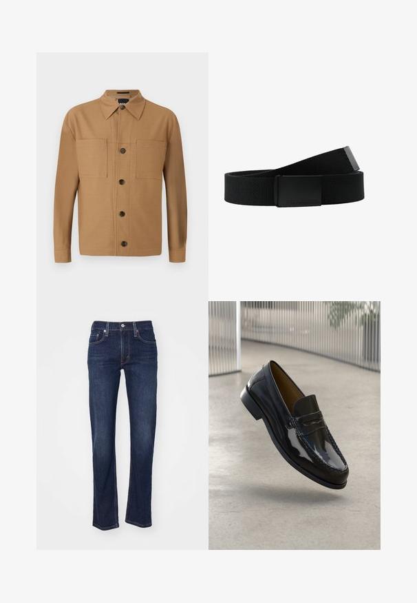 BOSS CRAIG - Overhemd - medium beige; Donkerblauwe denim jeans met een rechte pijp, met een traditionele vijf-pocketontwerp en gestikte details op de naden.; Zwarte gepatineerde leren instapper met een gestikt accent, ronde neus, lage hak en een glad oppervlak, uiteengezet tegen een neutrale achtergrond.; Zwarte stoffen riem met een gestructureerde afwerking, voorzien van een rechthoekige zwarte metalen gesp. De gesp is versierd met de merknaam "Urban Classics".