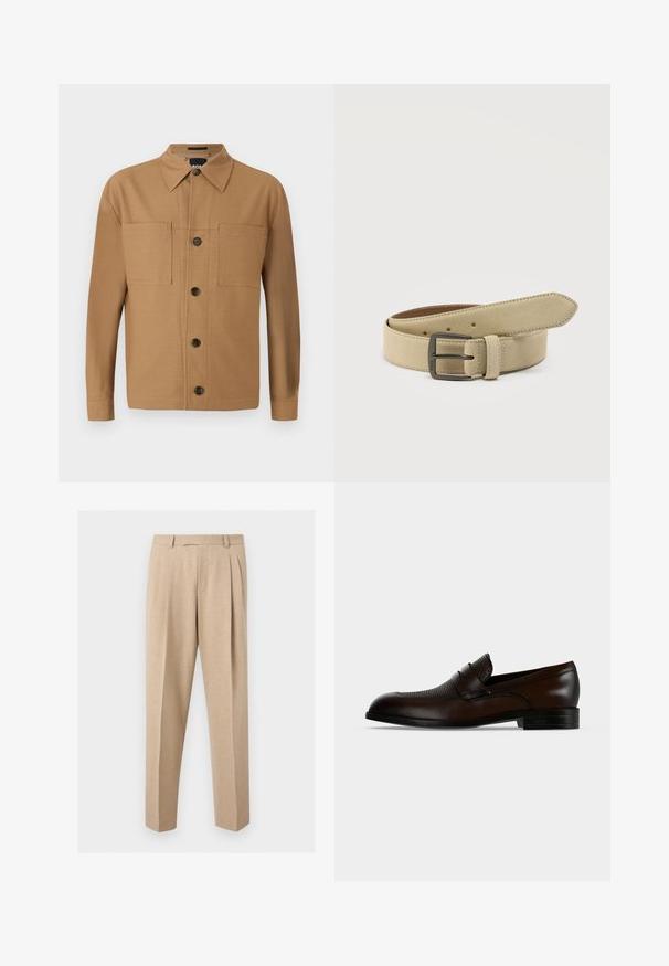 BOSS CRAIG - Pluus - medium beige; Beežid kohandatud püksid esipleenidega, vöö aasadega ja sirgete säärtega, esitatud ühevärvilise heleda taustaga.; Tumepruun meeste nahast loafer, millel on tekstureeritud pealne ja madal must konts, ühevärvilise heledalt halli tausta ees.; Beeži vildist vöö ristkülikukujulise tumeda metallist pandlaga, mitme reguleerimisauguga ja õmmeldud aasaga valgel taustal.