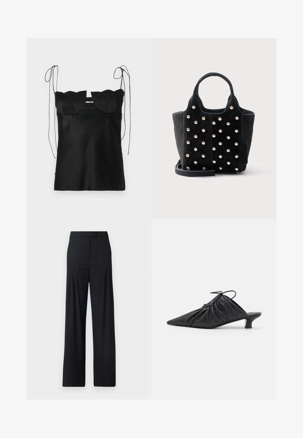 Haut sans manches noir avec un décolleté festonné, fabriqué en tissu lisse. Présente des liens d'épaule ajustables et un design simple et ajusté.; Pantalons larges noirs avec un devant plat, des plis et une taille ajustée. Fabriqués en tissu lisse et léger.; Mules noirs en cuir à enfiler avec un bout pointu, une texture froncée et un petit talon aiguille. Présente un détail à cordon au niveau de l'ouverture.; Sac à main en daim noir avec des clous ronds argentés, deux poignées courtes et une bandoulière amovible sur fond blanc.