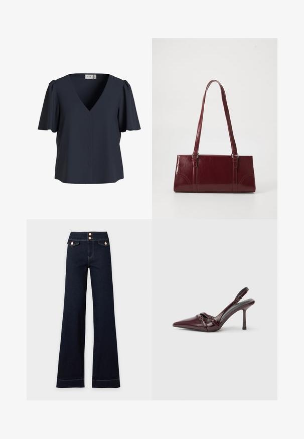 Blouse bleu marine à manches courtes, col en V, boutons sur le devant et manches légèrement bouffantes, étiquetée "VILA".; Jean large taille haute bleu foncé avec deux poches avant à rabat et deux boutons visibles en or rose à la taille.; Escarpin slingback en cuir verni bordeaux avec bout pointu, fine bride à la cheville et petit détail décoratif de boucle. Texture lisse et talon haut.; Sac à main bordeaux en matériau brillant, de forme rectangulaire, avec deux anses et des accents légèrement courbés à l'avant.