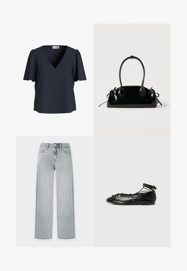 Blouse bleu marine à manches courtes, col en V, boutons sur le devant et manches légèrement bouffantes, étiquetée "VILA".; Jean droit de couleur claire avec cinq poches, fermeture par bouton et passants pour ceinture, présenté sur un fond blanc uni.; Ballerines en cuir verni noir avec un bout rond, un design à lacets et une semelle plate. Texture lisse avec peu de détails.; Petit sac à main noir brillant avec deux longues anses et des détails à cordon sur les côtés sur un fond clair uni.