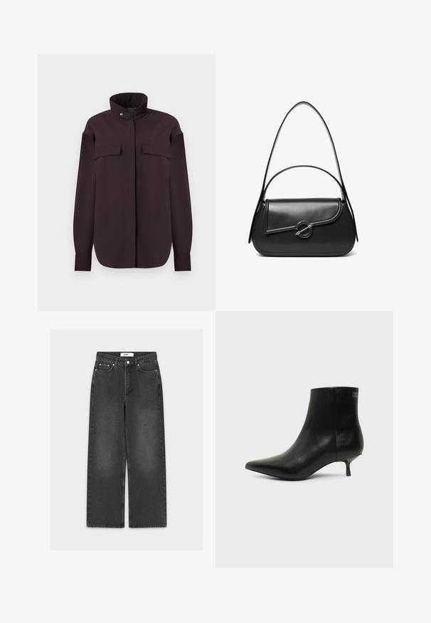 Mørkebrun skjorte med høj krave, lange ærmer, dobbelt brystlommer og knaplukning. Fremstillet af glat stof, skræddersyet pasform.; Sorte jeans med vide ben i denim med en falmet finish, der har lukning med knap og lynlås, fem-lomme-design og kontrasterende syninger.; Sort læder ankelstøvle med spids tå og lav kitten hæl på lys baggrund, der viser yderside.; Sort skuldertaske i læder med en buet klap, der er fastgjort med en rund metal spænde, og en slank, justerbar rem.