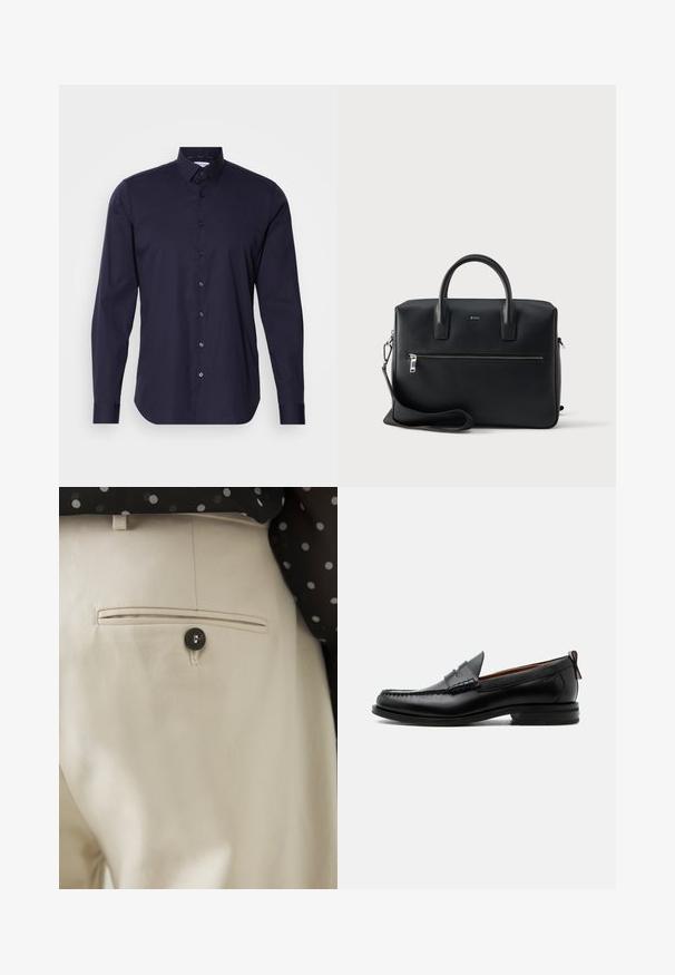 Chemise bleu marine à boutons, à manches longues, avec un col classique et une coupe ajustée. Fabriquée en tissu lisse avec un logo subtil sur la poitrine.; Pantalon beige en tissu texturé avec une poche arrière fermée par un bouton noir. Finitions de couture discrètes le long de la poche.; Mocassin homme en cuir noir avec couture moc toe, bride penny, col texturé et petit talon empilé sur fond blanc.; Sac à main en cuir noir avec deux poignées, une bandoulière détachable et une poche zippée à l'avant. Présente une surface texturée et un détail de logo subtil.
