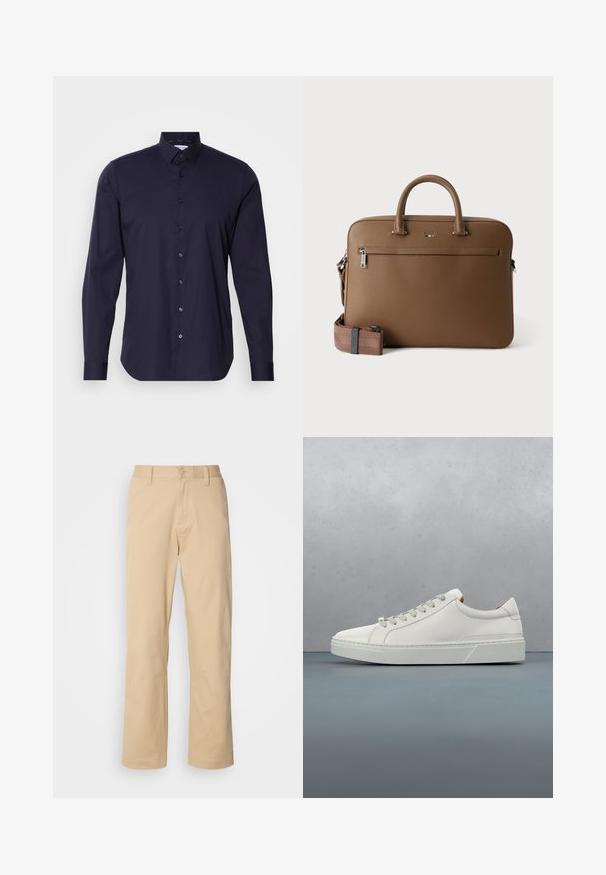 Marineblauwe overhemd met lange mouwen, klassieke kraag en een slanke pasvorm. Gemaakt van een gladde stof met een subtiele logo op de borst.; HUGO ZAYN - Broek - medium beige; Witte leren sneaker met een ronde neus, minimalistisch ontwerp, grijze veters en een gestructureerde grijze rubberen zool. Fijne stikdetails zichtbaar.; Bruine leren aktetas met bovenhandvatten, voorvak met ritssluiting en afneembare bijpassende schouderriem op witte achtergrond.