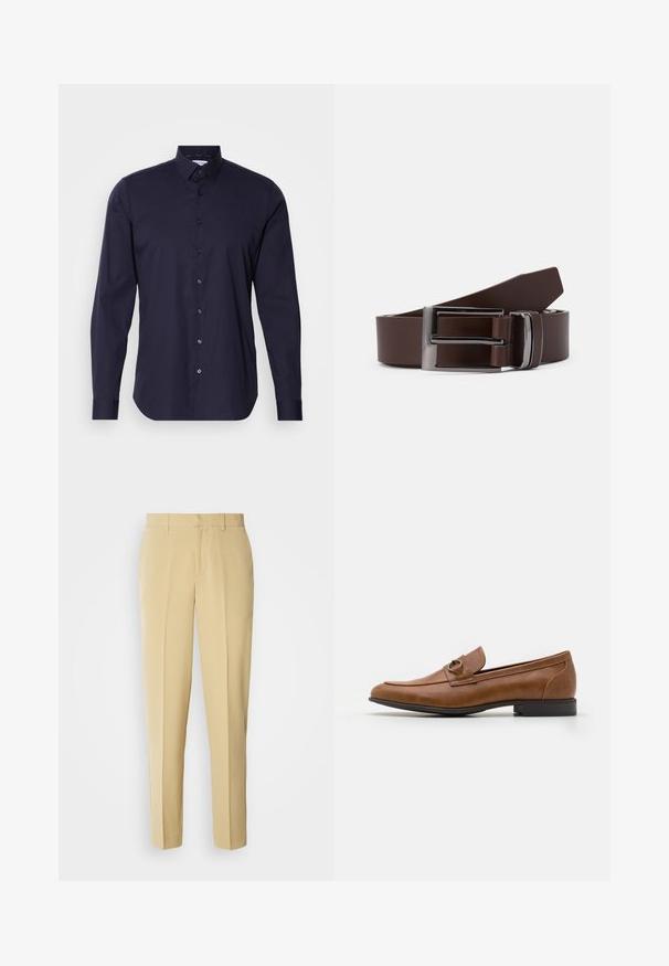 Marineblå skjorte med lange ærmer, klassisk krave og slim fit design. Fremstillet af glat stof med et diskret logo på brystet.; Beige skræddersyede bukser med lige pasform, flad front og sidelommer. Fremstillet af et glat stof med en let glans.; Brune læder slip-ons med flad hæl, prydet med en dekorativ metalaccent foran, med et strømlinet design og glat tekstur.; Brun læderbælte med en sølvmetalspænde, der har en glat overflade og et slankt, rektangulært design. Enkel og funktionel.