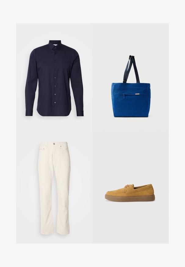 Marineblauwe overhemd met lange mouwen, klassieke kraag en een slanke pasvorm. Gemaakt van een gladde stof met een subtiele logo op de borst.; Beige katoenen jeans met een klassiek recht model, met een knoopsluiting aan de voorkant, vijf zakken en subtiele stikdetails.; Bruine suède instap schoenen met een gestructureerde afwerking, ronde neus en een contrasterende rubberen zool. Heeft subtiele branding nabij de hiel.; Blauwe canvas boodschappentas met een voorvak met rits, dubbele schouderbanden en een rechthoekige vorm. Heeft een subtiel merklabel.