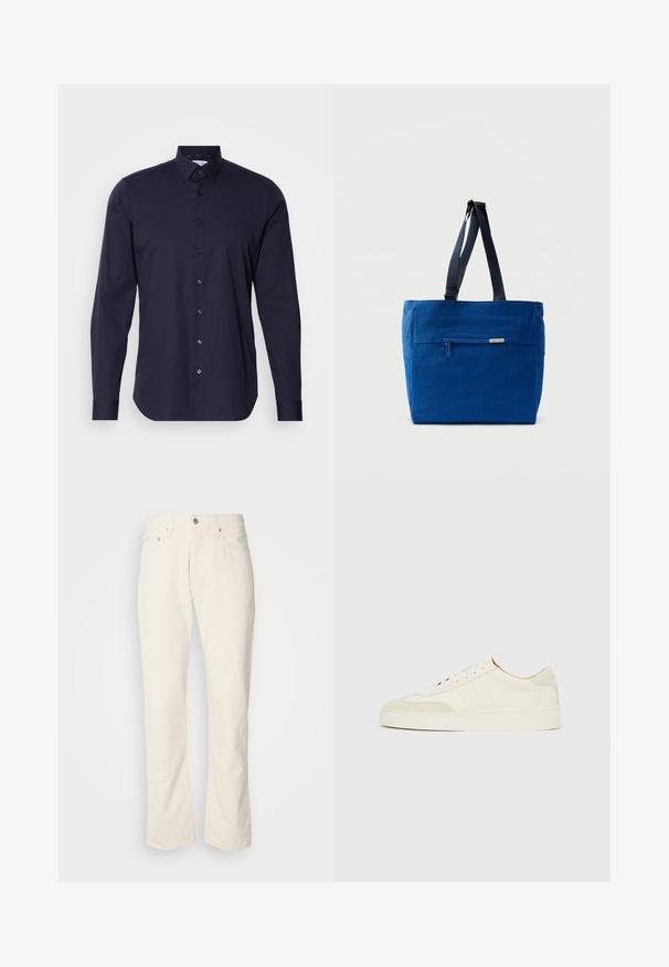 Marineblauwe overhemd met lange mouwen, klassieke kraag en een slanke pasvorm. Gemaakt van een gladde stof met een subtiele logo op de borst.; Beige katoenen jeans met een klassiek recht model, met een knoopsluiting aan de voorkant, vijf zakken en subtiele stikdetails.; Witte suède sneakers met een gladde afwerking, ronde neus, plat veterontwerp en contrasterende gestructureerde accenten. Voorzien van een subtiel logodetail.; Blauwe canvas boodschappentas met een voorvak met rits, dubbele schouderbanden en een rechthoekige vorm. Heeft een subtiel merklabel.