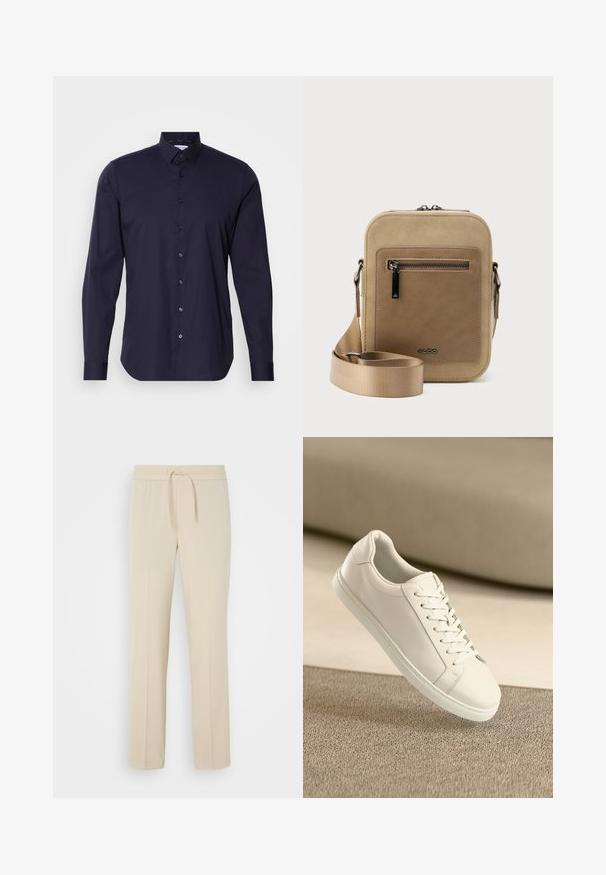 Marineblå skjorte med lange ærmer, klassisk krave og slim fit design. Fremstillet af glat stof med et diskret logo på brystet.; Beige, elastisk taljebukser med snoretræk. Har lige ben og en glat tekstur, velegnet til afslappet brug eller afslapning.; Hvide lædersneakers med hvide snørebånd, præsenteret på en beige tekstureret overflade og med en blødt uskarp baggrund.; Lille beige crossbody-taske med lynlåslomme foran, metal ALDO-logo, justerbar bred rem og rundet rektangulær form på hvid baggrund.