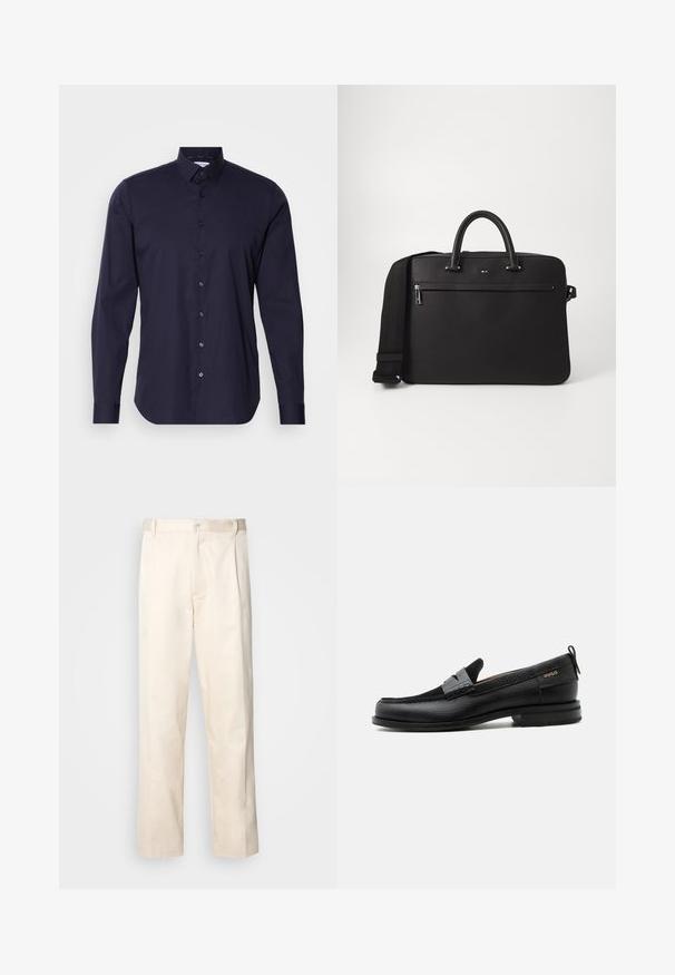Dunkelblaue Button-Down-Bluse mit langen Ärmeln, klassischem Kragen und schlanker Passform. Aus glattem Stoff mit einem dezenten Logo auf der Brust.; Beige Baumwollhose mit geradem Bein, ausgestattet mit einem Knopfverschluss und Falten an der Vorderseite für zusätzliche Details.; Schwarzer Lederloafer mit grauem Riemendetail, niedrigem Absatz und strukturierter Sohle, seitlich mit „HUGO“ in Gold gebrandmarkt.; Schwarze Lederhandtasche mit glatter Oberfläche, zwei oberen Griffen und einem abnehmbaren Schultergurt. Verfügt über eine Reißverschlusstasche vorne und ein Logodetail.